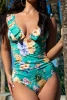Jednoczęściowy wzorzysty kostium kąpielowy z falbankami i głębokim dekoltem