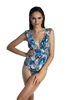 Jednoczęściowy wzorzysty kostium kąpielowy z falbankami i głębokim dekoltem