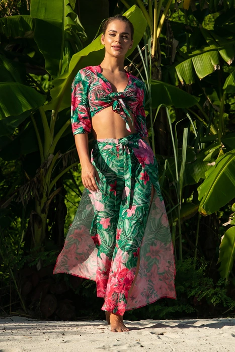 2-częściowy komplet plażowy z szerokimi spodniami i wiązanym topem z szyfonu