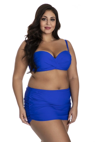 Trzyczęściowy kostium kąpielowy ze spódniczką bardotka na duży biust