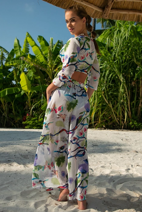 2-częściowy komplet plażowy z szerokimi spodniami i wiązanym topem z szyfonu