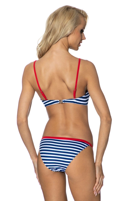 Trzyczęściowy kostium kąpielowy marynarski w komplecie biustonosz bardotka, niskie majtki i spodenki kąpielowe