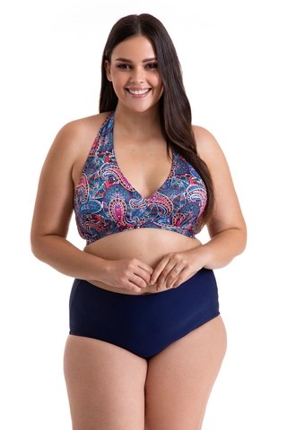 Dwuczęściowy kostium kąpielowy Plus Size wiązany na szyi figi z wysokim stanem